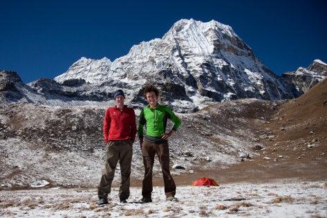 Myself and Rob Greenwood back at Base-camp a couple of days after our attempt on Peak 41. Spirits were high and we were ready to start the long walk home. Photo: Andy Houseman